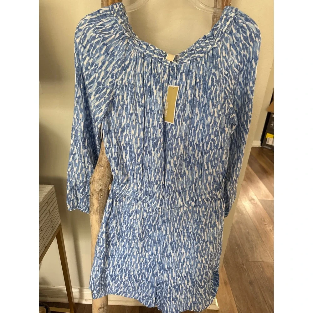 Michael‎ Michael Kors Off The Shoulder Romper blue and white print Size 4 NWT